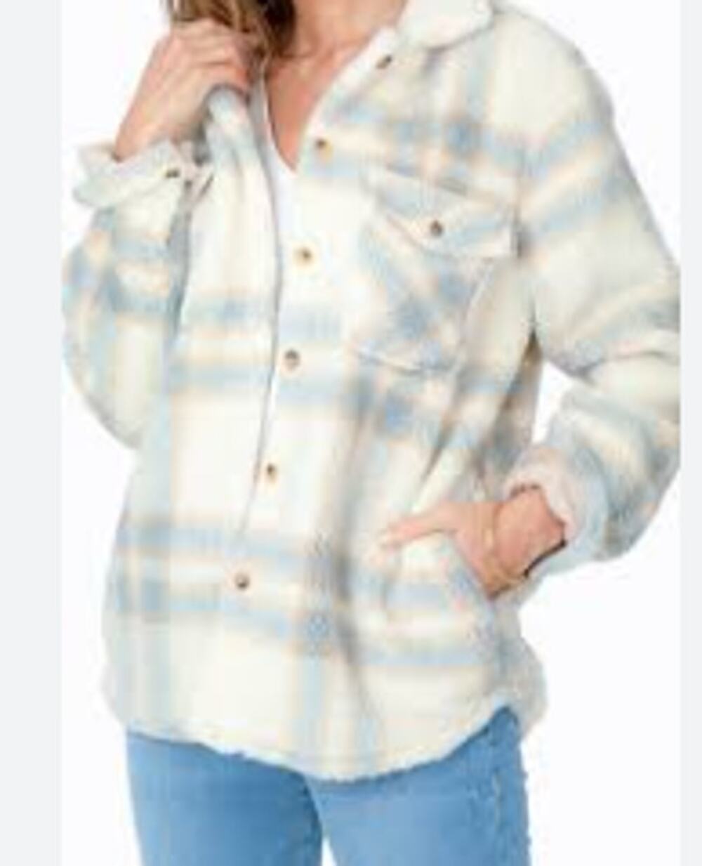 Dylan Malibu Town Shirt Jacket Shacket Plaid Natural Fleece Button Down Medium